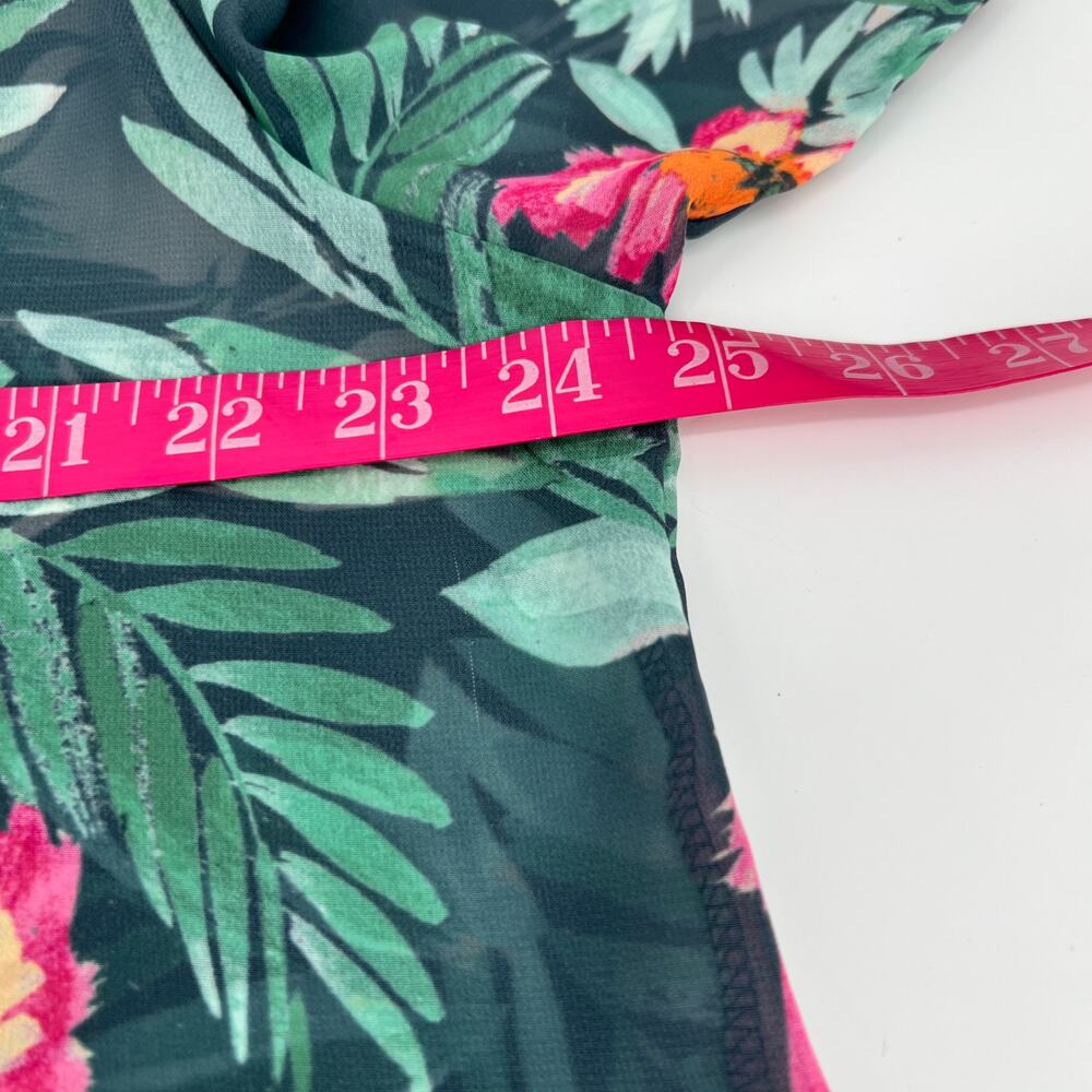Mary and Mabel Kimono Top Cover Tropical Floral S/M Green Pink Open Sheer Long - Picture 9 of 9